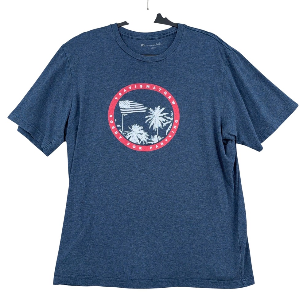 TravisMathew Sorry For Partying Men Large Cotton Blend Blue Graphic Tee